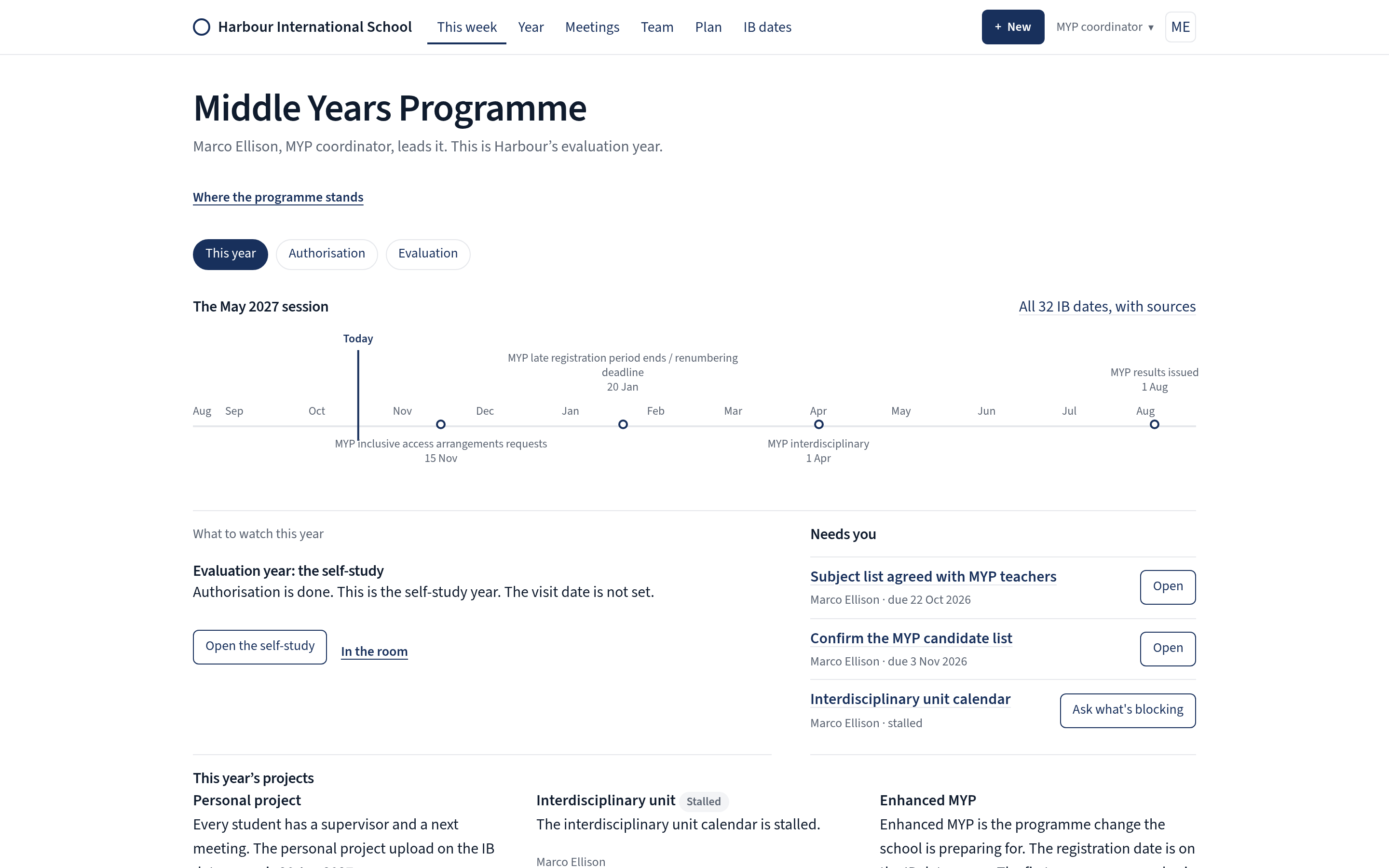 SchoolOS programme lead view with the year timeline and what needs attention